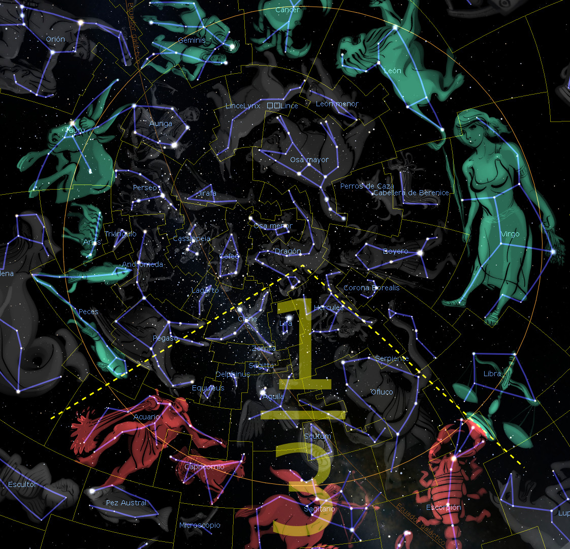 Ilustración digital del cielo nocturno estrellado mostrando un mapa detallado de diversas constelaciones y patrones de estrellas, con representaciones artísticas de diferentes figuras mitológicas y símbolos numéricos como '1' y '5' superpuestos.