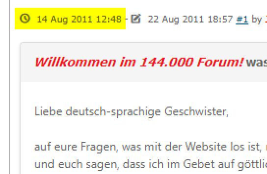 Screenshot of a forum post dated 14 Aug 2011. It includes a greeting in German starting with "Willkommen im 144.000 Forum!" followed by a message addressed to "deutsch-sprachige Geschwister," discussing updates about the website and mentioning prayers.