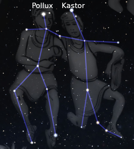 Illustration zweier Figuren, die durch Linien und Sterne im nächtlichen Himmel verbunden sind, mit Bezeichnungen "Pollux" und "Kastor". Die Darstellung ähnelt der künstlerischen Interpretation der Mazzaroth-Gruppe.