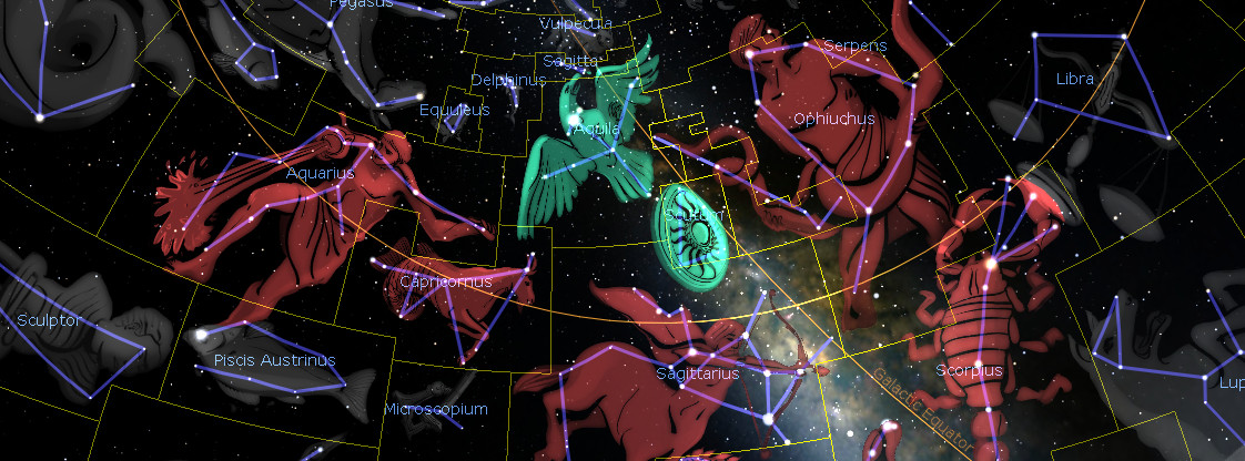 Illustration of a starry space showing various constellations represented in vibrant colors against a dark cosmic background. Figures such as a water-bearer, a goat, and a scorpion are prominently depicted, connected by lines that form distinctive patterns against the stars.
