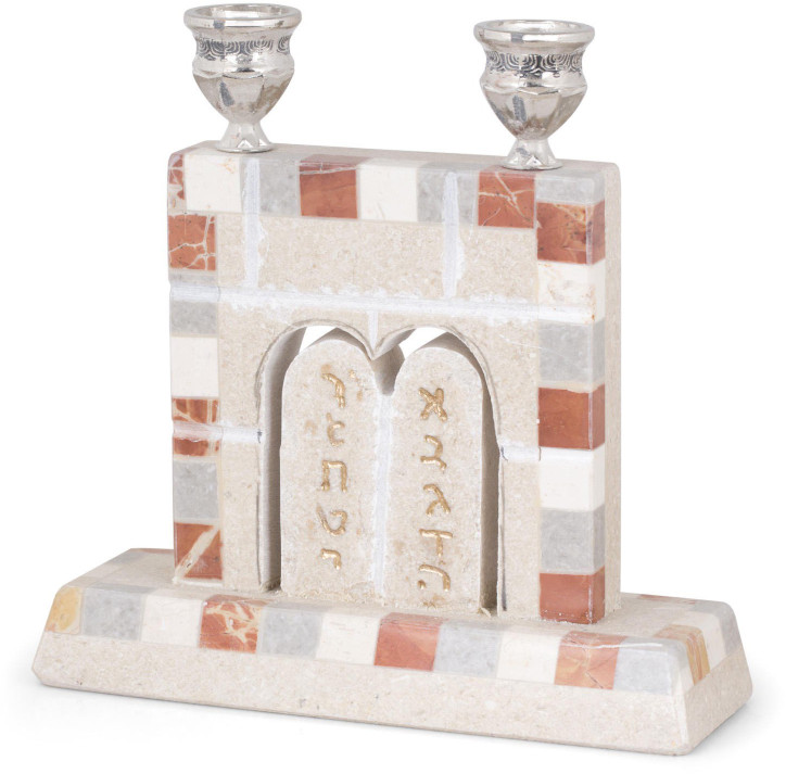 A decorative item featuring a rectangular base and two pillars, constructed from multicolored stone tiles. The front of the central arch has Mazzaroth symbols inscribed in gold. Above the arch, two small decorative cups are mounted on the pillars.