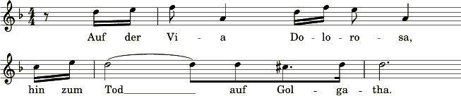 Musiknoten für eine Gesangspartitur mit Text, der auf Deutsch lautet: "Auf der Via Dolorosa, hin zum Tod auf Golgatha."