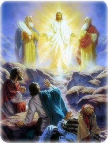 An artistic depiction showing a biblical scene on a rocky terrain where three celestial beings in radiant garments appear to four men, who, in awe, kneel or shield their eyes. The scene conveys a divine manifestation, illuminated by a supernatural light.