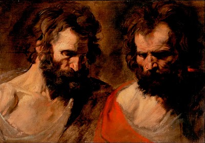 An oil painting depicting two bearded men looking thoughtfully downwards. The individual on the left wears a white tunic with a subtle infusion of red, while the person on the right is dressed in a white garment with a prominent red cloak draped over one shoulder. Their expressions are contemplative, set against a dim, muted background that suggests a reflective or profound moment.