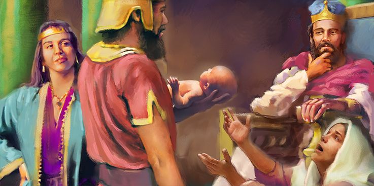 An artistic depiction of a biblical scene featuring five individuals in ancient attire. A man in a yellow tunic converses with a woman clad in purple and blue. Another bearded man holding a staff gazes thoughtfully at a newborn cradled by a woman in white, who seems joyous as she presents the child to those gathered. The setting suggests a moment of significant import, reflective of narratives from ancient scriptures.