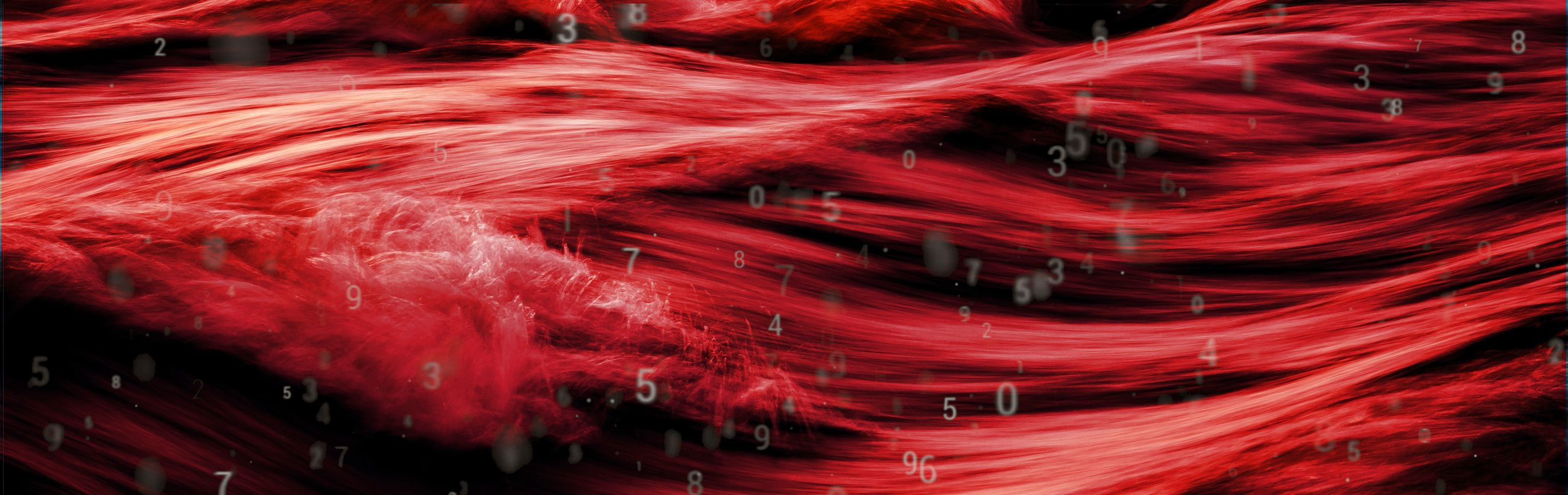 An abstract representation featuring swirling currents of deep red tones interspersed with floating white numbers, evoking a sense of cosmic chaos and the complexity of creation.