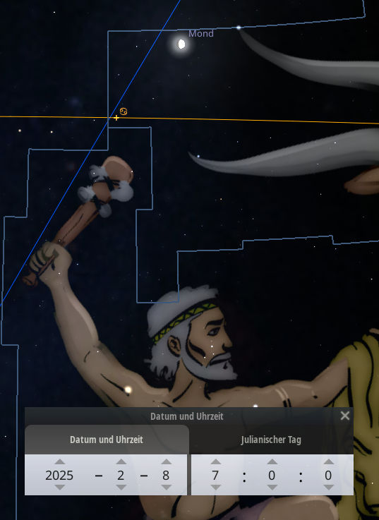 Eine Sternkarte zeigt eine Konstellation, die einen menschenähnlichen Träger mit einem Hammer darstellt, vor einem dunklen Sternenhimmel. Der Mond ist deutlich sichtbar und markiert. Unten befindet sich ein Interface mit einem Kalender für das Datum 2025-2-8 mit einer Zeiteinstellung.