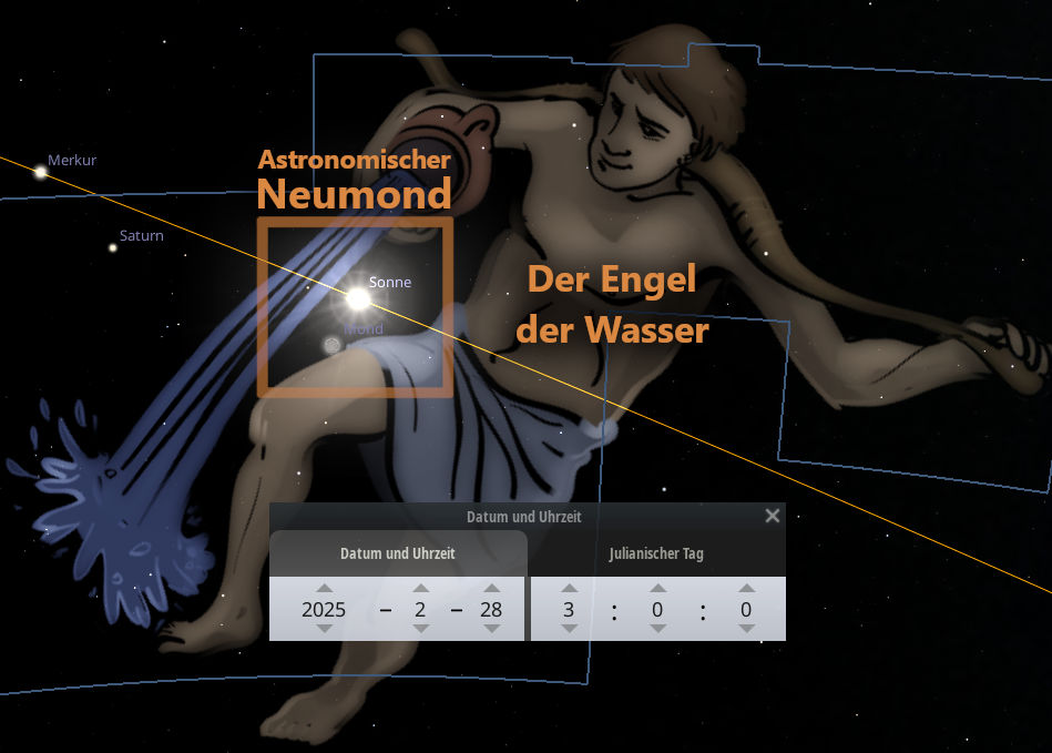 Eine grafische Darstellung zeigt eine Himmelskarte mit dem Bild eines Engels, der Wasser ausschüttet, umgeben von Planetenbeschriftungen wie Merkur und Saturn und dem leuchtenden Punkt der Sonne. Zwei Begriffe, "Astronomischer Neumond" und "Der Engel der Wasser", heben bestimmte Elemente hervor. Es ist auch ein Datums- und Uhrzeittabulator für den 28. Februar 2025 zu sehen.