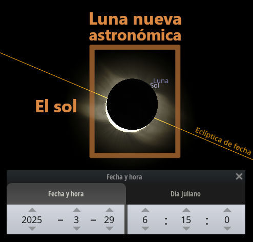 Imagen educativa que muestra una representación gráfica de una luna nueva astronómica, con el sol parcialmente oscurecido por la luna en el centro. Contiene etiquetas educativas como "El sol" y líneas que indican la eclíptica. También se muestra un panel interactivo con opciones para ajustar la fecha y hora específicas del evento celestial, configurado para el 29 de marzo de 2025 a las 06:15:00.