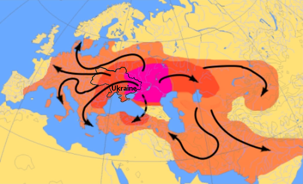 Map showing an allegorical representation inspired by constellations using the outline of Ukraine in a central, highlighted region. Abstract figures that evoke the Mazzaroth spread out across Europe, marked in red and orange shades, with black line trails suggesting motion or influence.