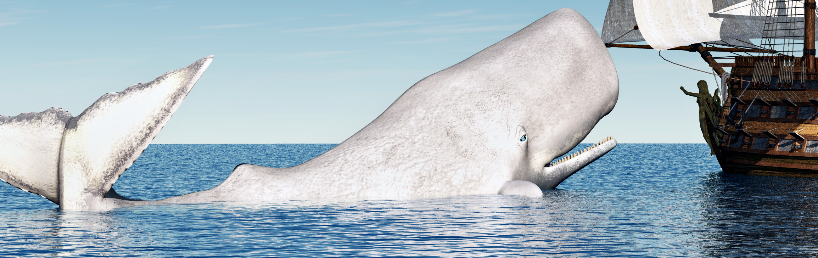 A digital artwork depicting a colossal whale breaching the ocean's surface near an old sailing ship. The whale, mostly submerged, reveals its massive tail and a large, arching back. A lone figure on the ship gestures toward the majestic sea creature under a clear blue sky.