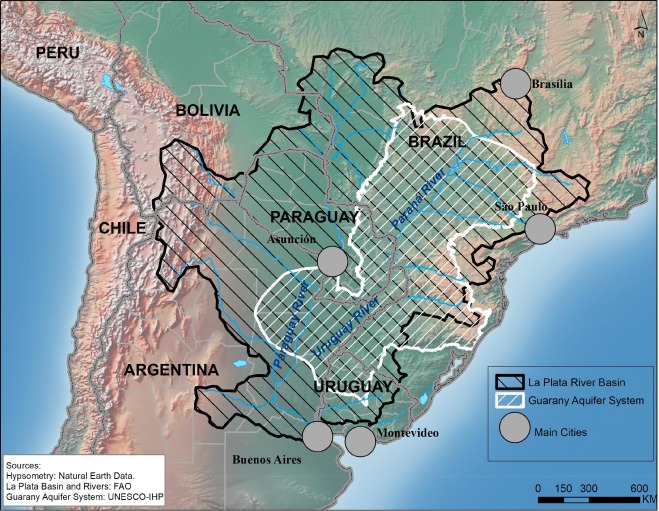 Detailed map highlighting the La Plata River Basin and the Guarani Aquifer System in South America. The map shows geographical features across multiple countries including Argentina, Brazil, Paraguay, Uruguay, and Bolivia. Major cities and distinct boundaries are marked to depict the hydrological and geological significance of the region.
