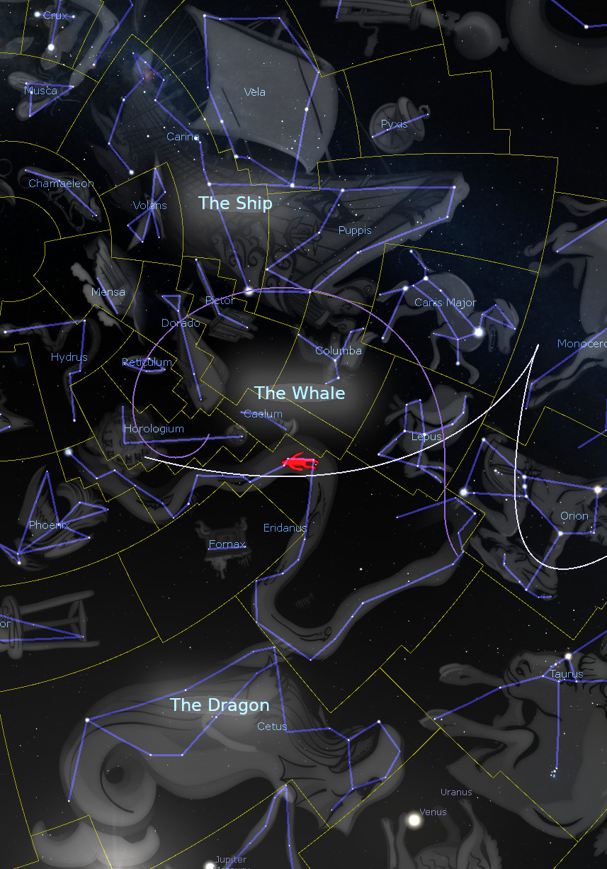 A detailed star map featuring various constellations overlaid on a dark cosmic background. Notable clusters include "The Ship," "The Whale," and "The Dragon." Labels mark several astronomical bodies such as Venus, Jupiter, and Uranus which are strategically placed within the constellations. Lines and boundaries are clearly delineated to illustrate the shapes and scales of each celestial formation.