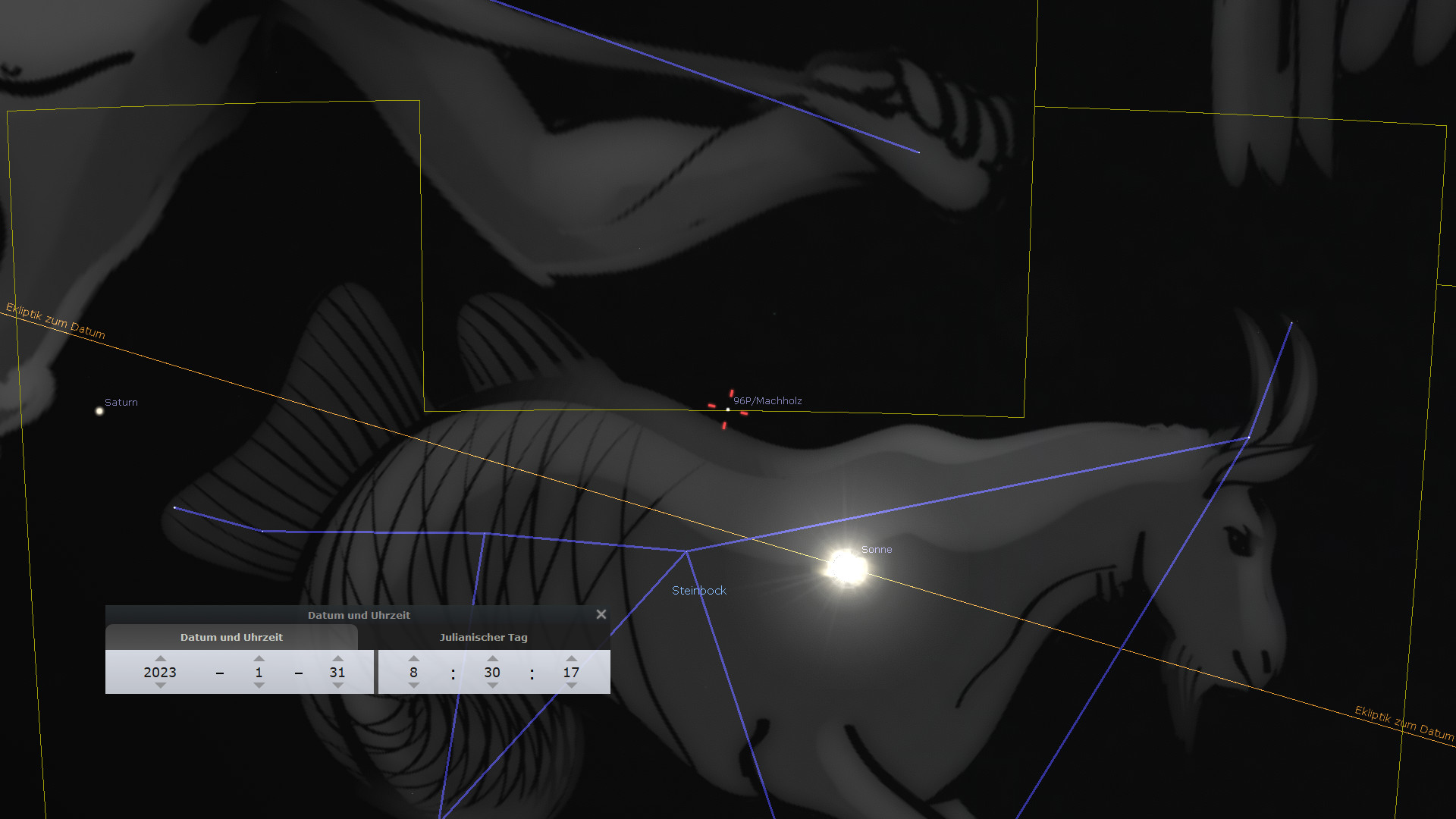 Digitale Darstellung einer astronomischen Szene mit eingeblendeten Objekten wie Saturn, Komet 69P/Machholz und der Sonne. Ein grafisch illustrierter Steinbock befindet sich im Vordergrund, überlagert von Himmelskoordinaten und Datumslinien, die auf den 31. Januar 2023 ausgerichtet sind.