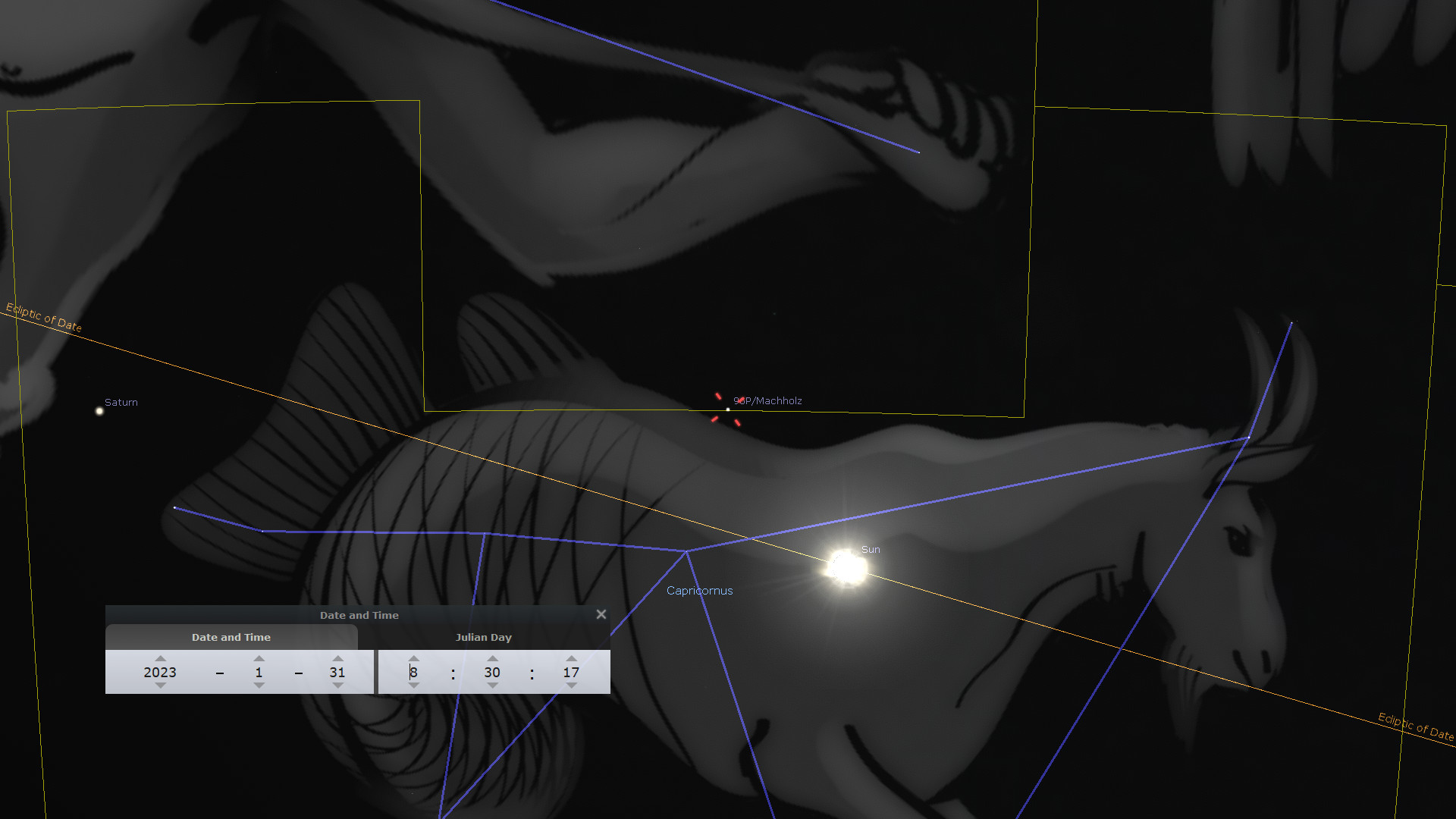 An artistic representation combining elements of the celestial realm and digital annotations. The image features a digital bull facing left with prominent horns, backlit by the sun's rays in a stylized manner. Highlighted celestial bodies include Saturn and comet Machholz, accompanied by lines indicating celestial coordinates. A chronological overlay displays the date and Julian Day near the bottom.