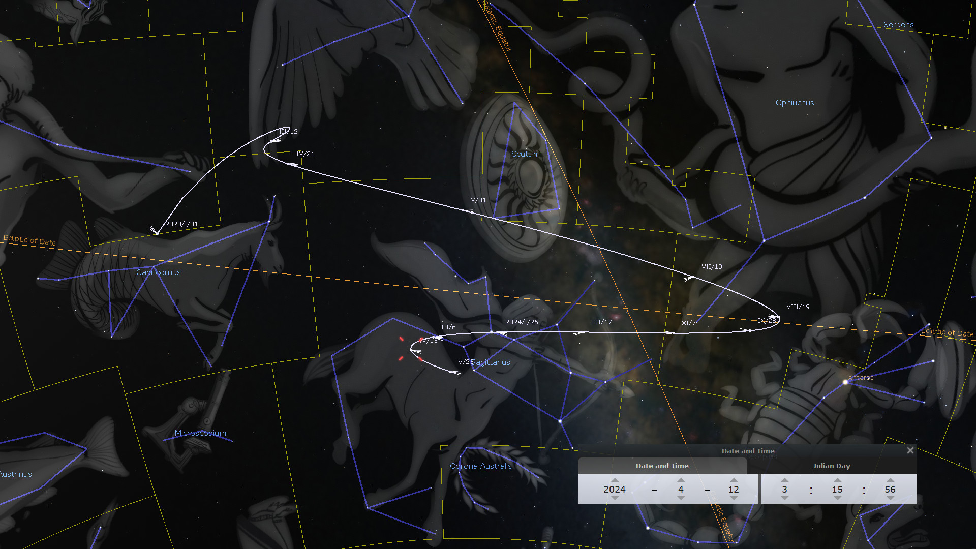 A detailed celestial map showcasing a variety of constellations against a star-filled background. The constellations are represented by artistic illustrations linked by blue lines that outline their forms. Notable features include grid lines dividing the sky, a highlighted ecliptic path, and labels for prominent celestial bodies visible in the night sky.