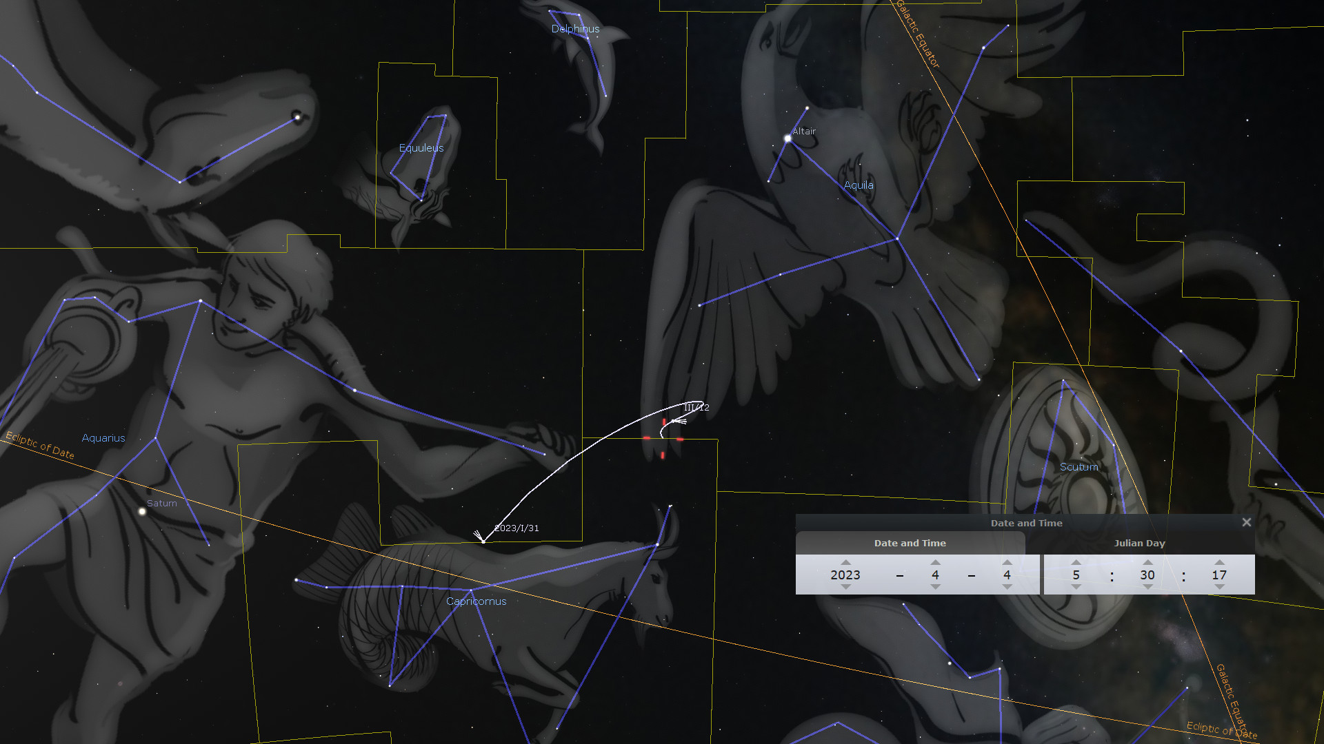 A detailed star chart displaying constellations and celestial bodies, overlaid with lines and labels depicting their positions in the night sky. Elements such as the paths of planets like Saturn and various constellations linked to the Mazzaroth are visible. Information about the date and Julian day is also shown, highlighting specific celestial alignments.