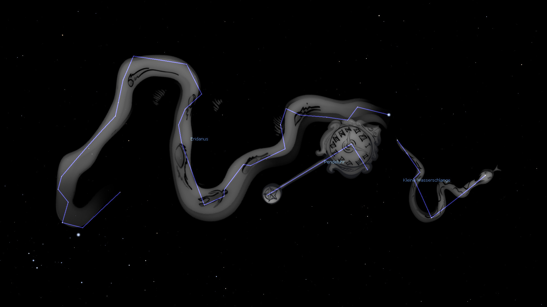 Illustration eines kosmischen Wasserwesens, dargestellt mit einer silbern schimmernden Schlange um eine antike Himmelskarte gewickelt, unter einem nächtlichen Sternenhimmel.
