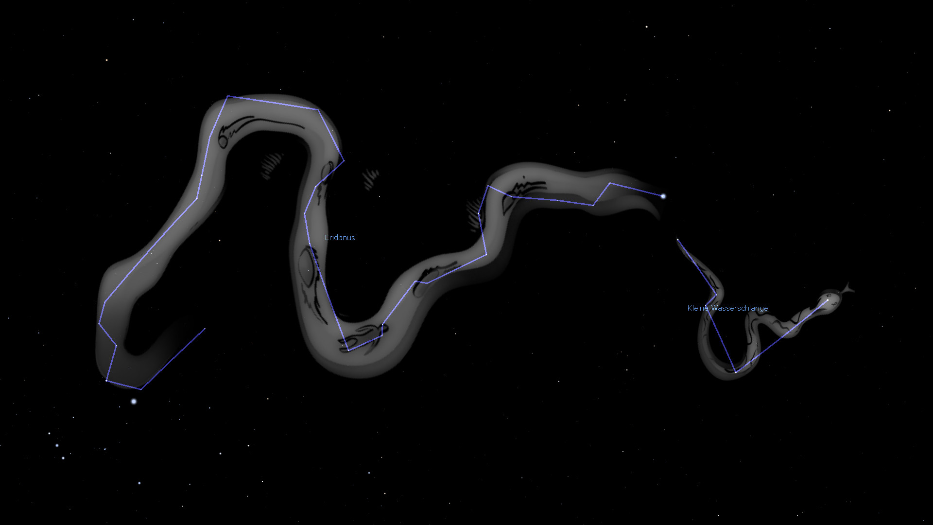 Grafische Darstellung von Sternkonstellationen, die Wasserkreaturen ähneln, vor einem sternenübersäten Nachthimmel. Die Konstellationen sind mit leuchtenden blauen Linien verbunden, die ihre Formen nachzeichnen.