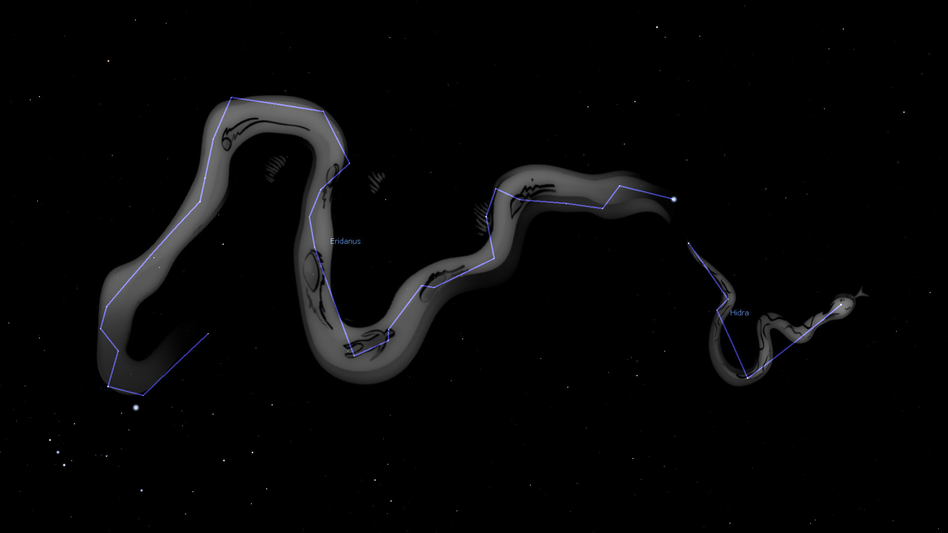 Representación artística de constelaciones en un fondo de espacio estrellado; destacan figuras alargadas y serpentinas conectadas por líneas, etiquetadas como Eridanus e Hidra, formando parte de la Mazzaroth.