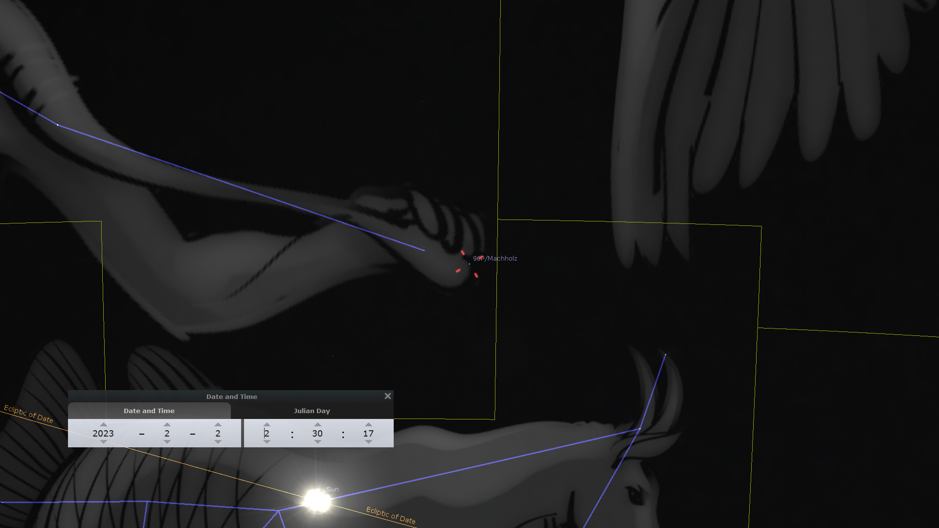 A dark, contrast-rich astronomical software simulation displaying the Mazzaroth configuration with a celestial body labeled as '99P/Machholz' near an illustrated figure representing classical imagery commonly associated with mythical interpretations of the constellations, set against a deep black night sky. A visible interface shows the date and Julian Day with realigned positions of solar and other celestial elements.