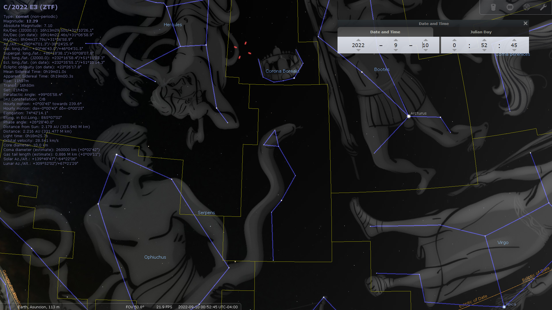 Digital astronomical software interface displaying the night sky map, focused on various constellations with outlined figures such as Hercules, Corona Borealis and Virgo. Elements include celestial metrics like coordinates, solar and lunar altitudes, distance from the sun, and comet details. The image is over a backdrop illustrating celestial figures in a monochrome gradient.