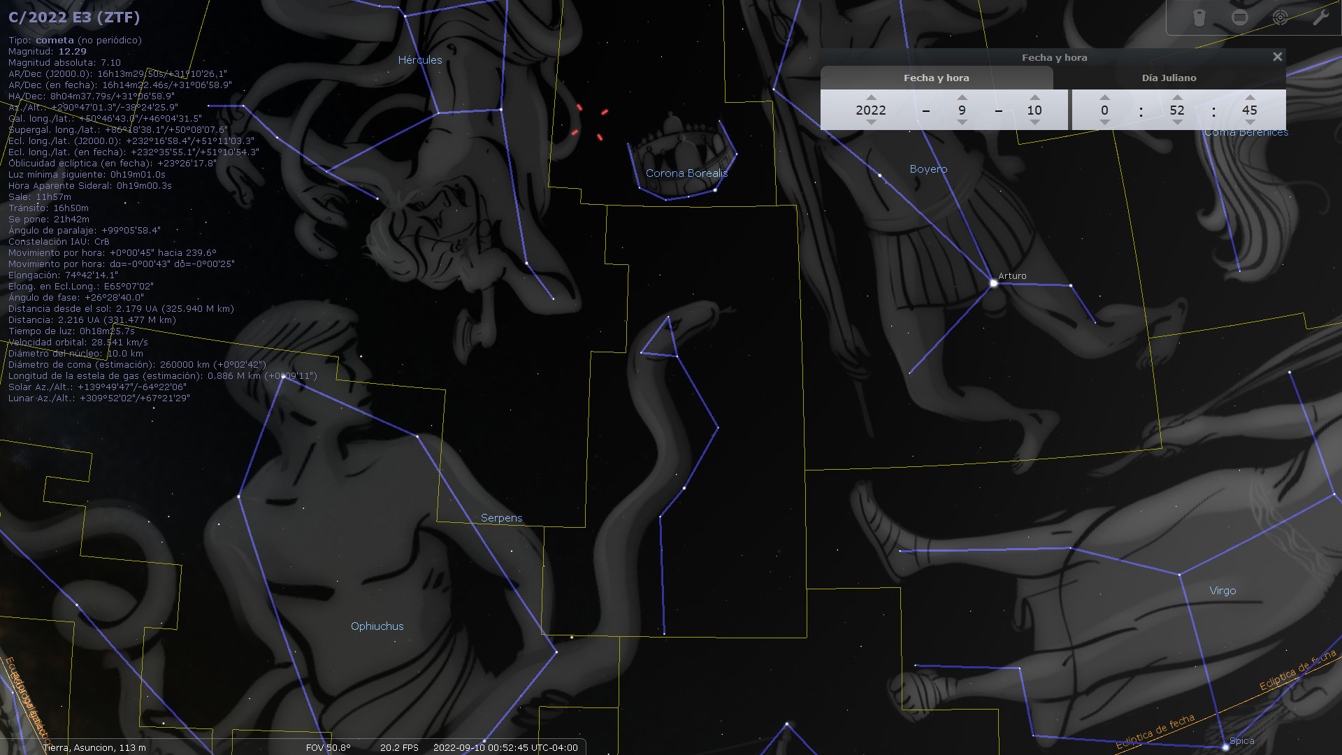 Imagen de una pantalla de software astronómico mostrando varias constelaciones sobre un fondo estelar. En la imagen se observan representaciones estilizadas de figuras humanas y mitológicas palpables, delineadas con líneas azules, inscripciones de nombres científicos y datos técnicos como fechas y posiciones celestes.