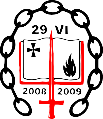 A graphic featuring a symbolic emblem encompassed by a chain-like border. At its center, a book with its pages open displays a star and a flame on separate pages, divided by a vertical line with a cross beneath. The dates 2008 and 2009 are inscribed below each symbolic illustration, and the top of the emblem shows the numerals "29 VI".