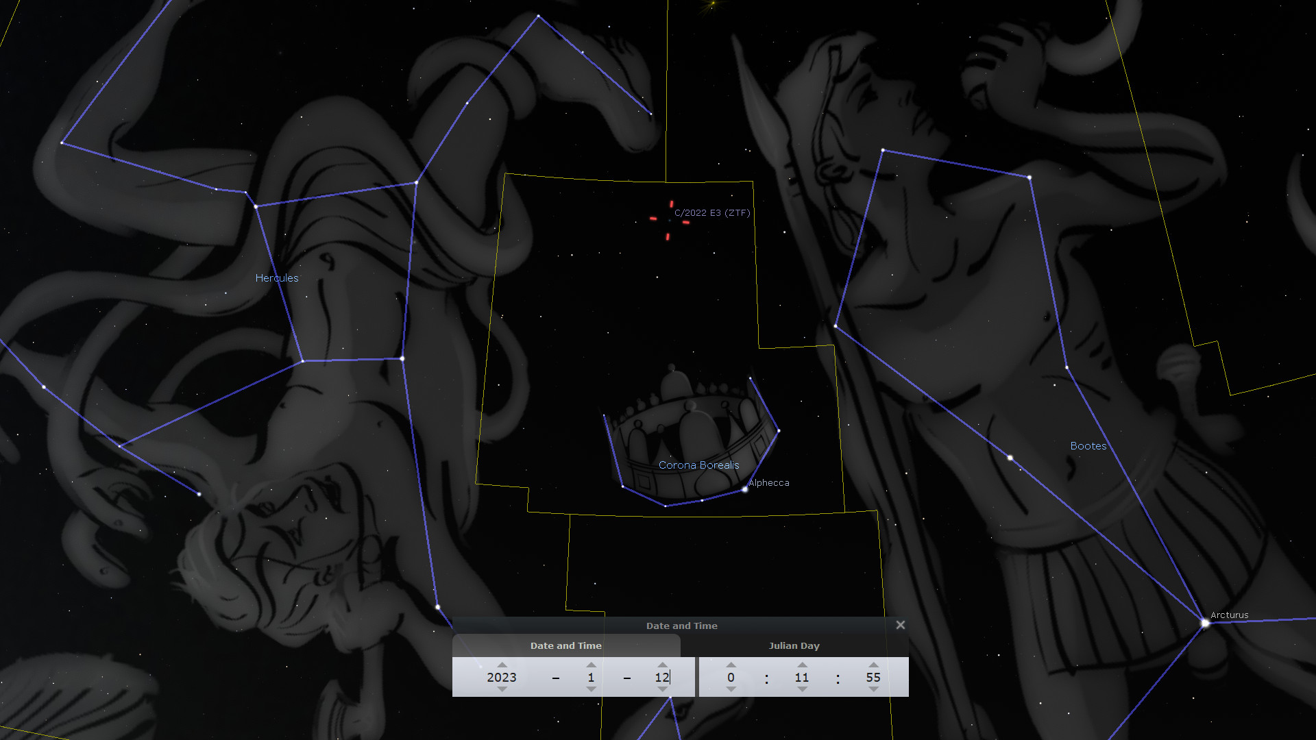 A digital star map displaying constellations over a dark sky background, with overlaid constellation outlines for Hercules, Corona Borealis, and Boötes. Highlighted is the comet C/2023 E3 (ZTF) shown in red. At the bottom, a date and time interface indicates January 12, 2023, at 11:55.