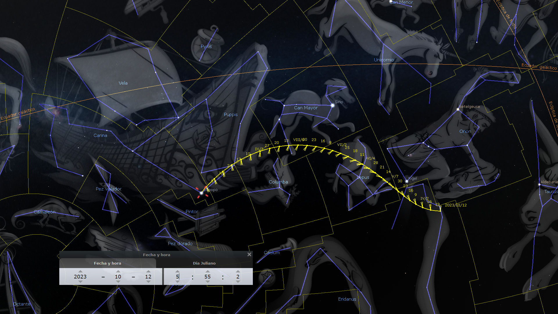 Imagen de un software astronómico mostrando un mapa del cielo nocturno con constelaciones visibles y una traza amarilla representando la trayectoria del sol a través de las constelaciones, incluyendo figuras mitológicas como Orión. En la parte inferior, hay un panel de control con ajustes para la fecha y hora.