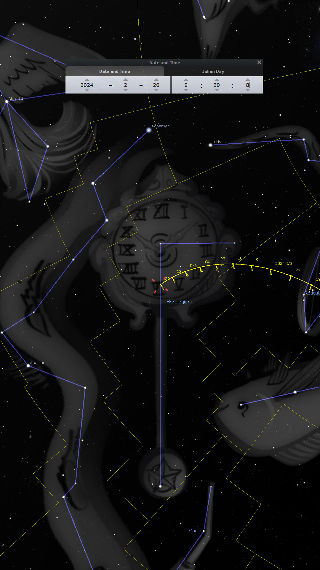 Digital illustration depicting a celestial navigation tool centered amidst a backdrop of the night sky studded with stars. Surrounding constellations are outlined in yellow, and intersecting lines point to specific celestial bodies. A user interface displays the date and time settings window, indicating a future date.