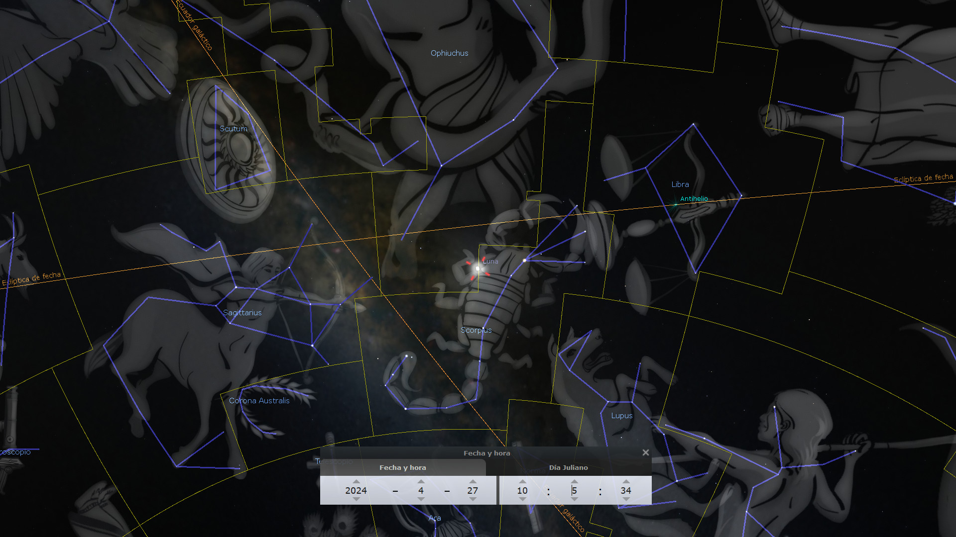 Una representación gráfica digital del cielo nocturno que muestra varias constelaciones con líneas conectadas ilustrando sus formas, junto con la Luna ubicada cerca del centro de la imagen. Se incluyen nombres y algunas fechas específicas, mostrando un entorno estelar interactivo y educativo.