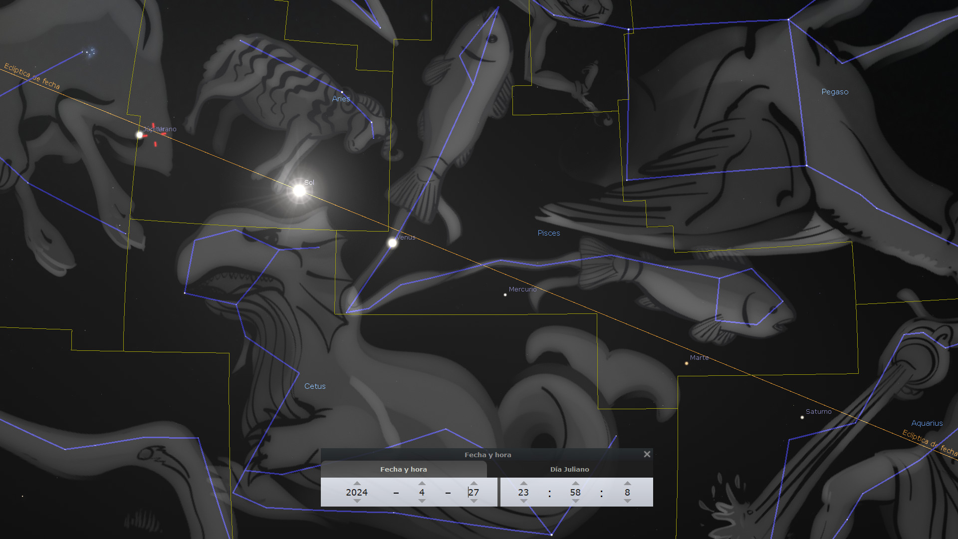 Imagen de una representación artística en blanco y negro del firmamento con ilustraciones de diversas constelaciones, etiquetadas con nombres en español. La imagen muestra cuerpos celestes como el Sol y planetas como Venus y Mercurio, integrados en un software de simulación astronómica que muestra la fecha y la hora exacta de un evento celestial.