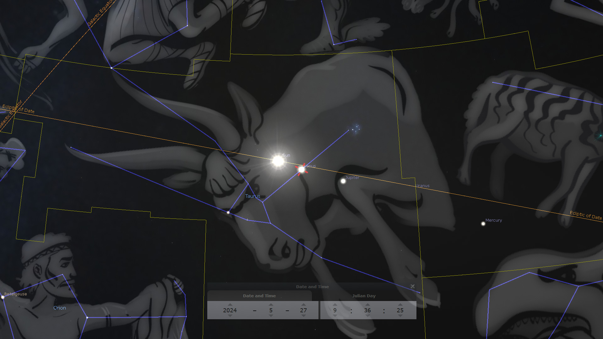 An illustration portraying a celestial map with various constellations, highlighting positions of planets such as Mercury, Jupiter, and the Sun, connected by lines against a dark background. Key celestial bodies are marked within certain formations under a futuristic grid overlay, indicating movements and alignments.
