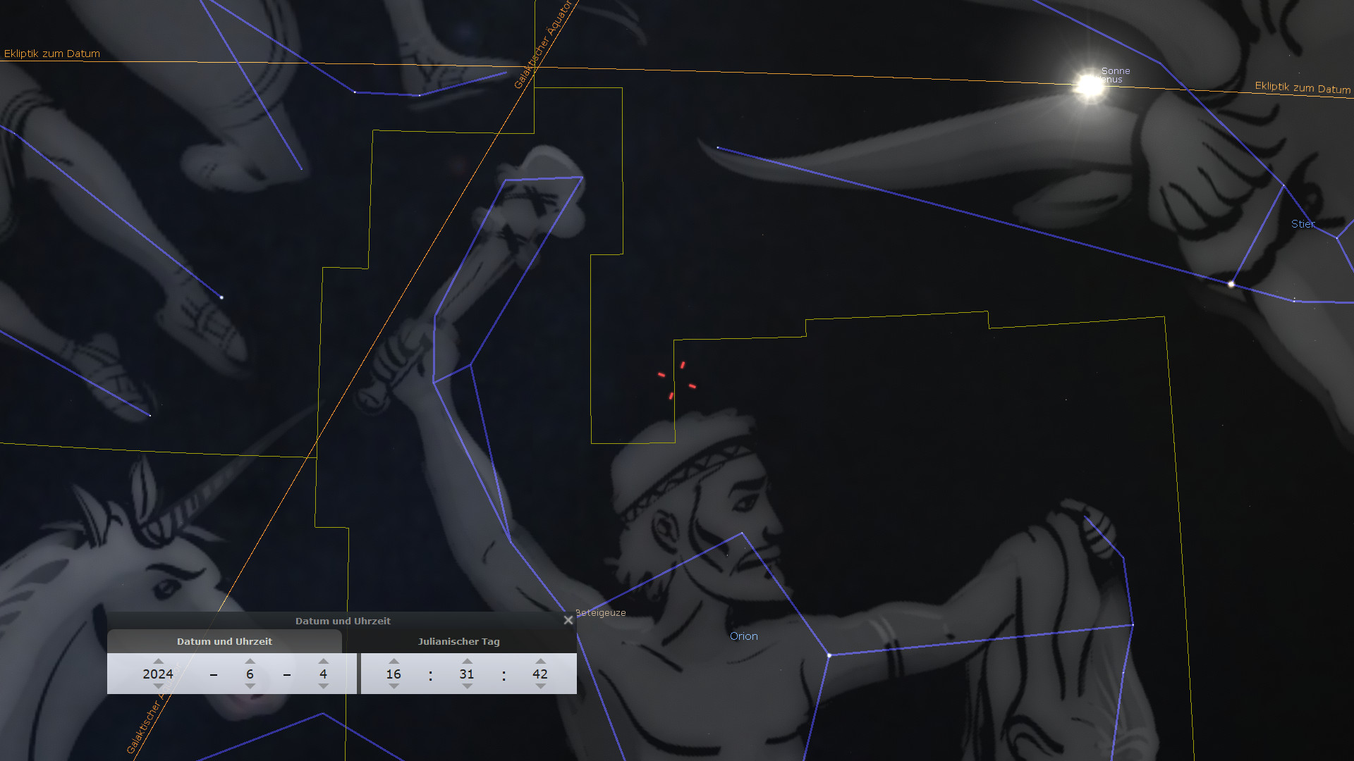 Digitales Bild, das eine Sternenkarte mit verschiedenen Himmelskörpern und Sternbildern illustriert. Ein markantes Sternbild in Form eines Jägers ist zentral sichtbar, umgeben von gelben und blauen Linien, die astronomische Koordinaten darstellen. Die Sonne ist als heller Punkt erkennbar und überlagert einen Teil des Sternbilds. Es ist ein Datums- und Zeitstempel für den 4. Juni 2024 angezeigt.