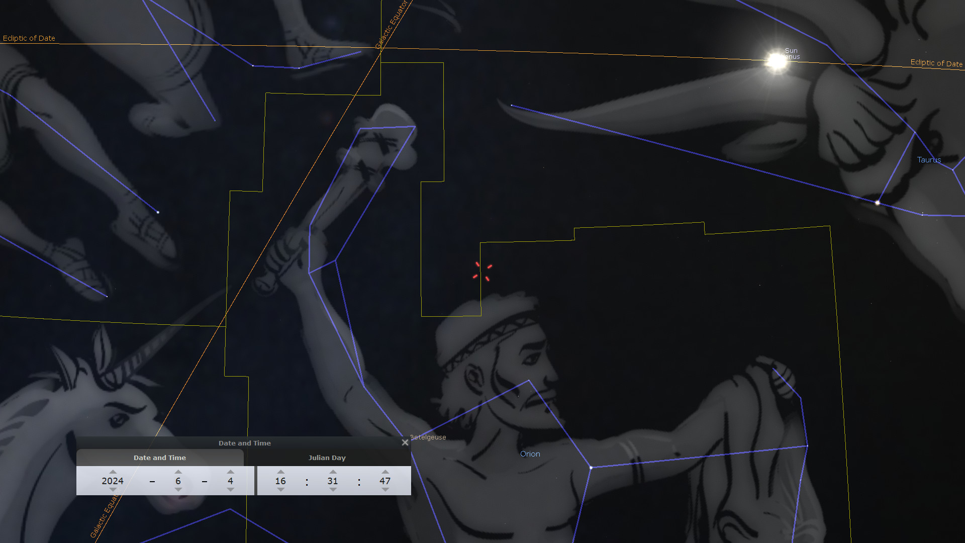 An illustrated star map featuring the constellation Orion with prominent stars such as Betelgeuse marked. Diagram lines illustrate the celestial configuration, with overlays showing the ecliptic path and celestial coordinates. Elements of other celestial figures are visible in the periphery.