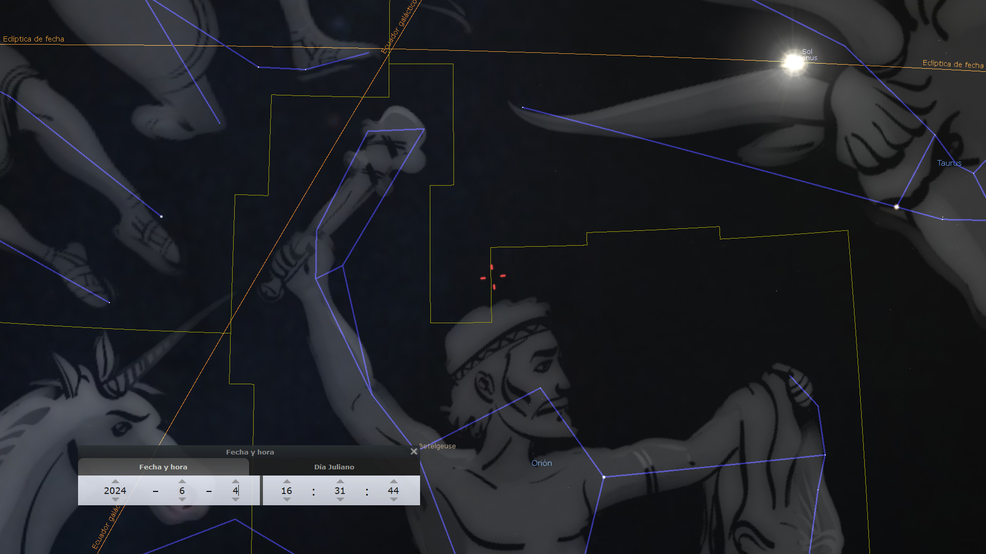 Imagen digital que representa una constelación de Mazzaroth, destacando a un personaje mítico sosteniendo un arco. La representación incluye líneas y anotaciones científicas, así como anotaciones de fechas y coordenadas astronómicas, y la posición del Sol en relación con la figura.