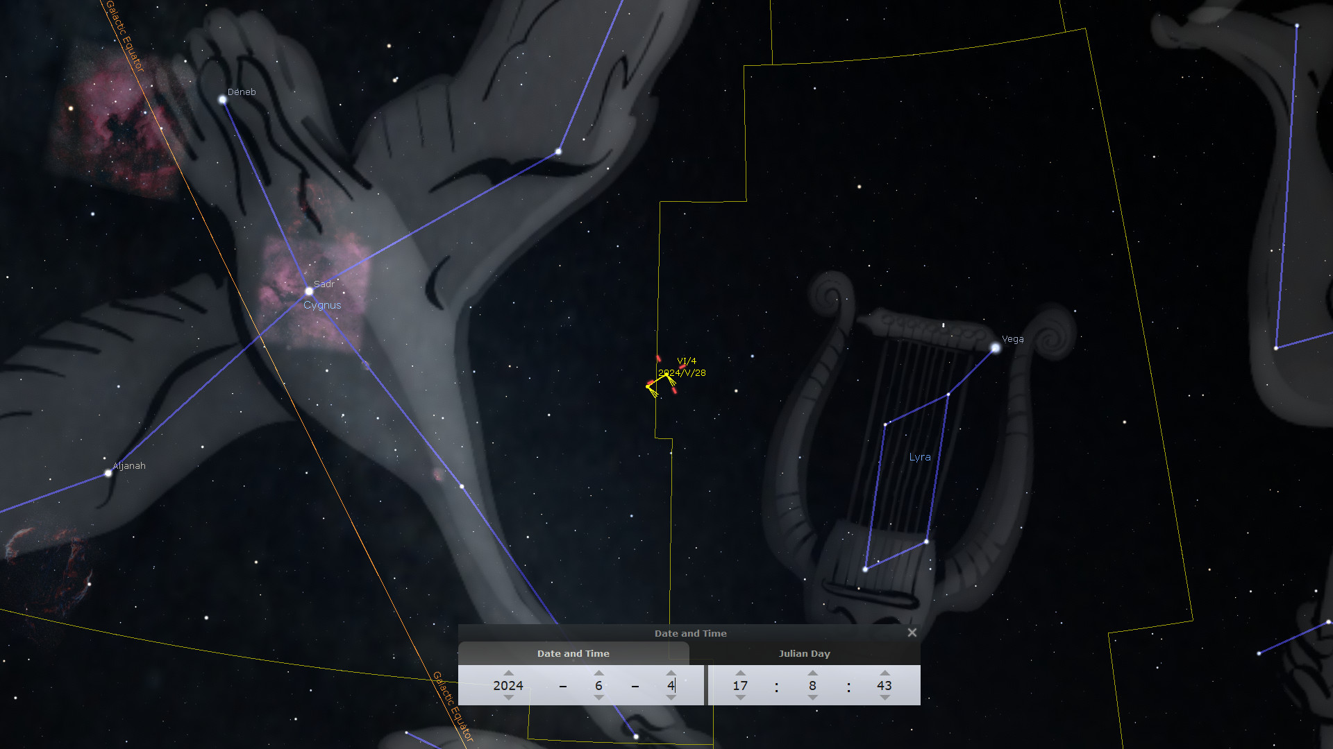 Image displaying a detailed map of the night sky, featuring constellations and stars labeled with their astronomical names. Various outlined constellations resembling a lyre and other shapes are visible, alongside prominent stars like Vega and Deneb, set against a backdrop of deep space and nebulae. A date and time control panel indicates a future date, June 17, 2024, with corresponding Julian day.