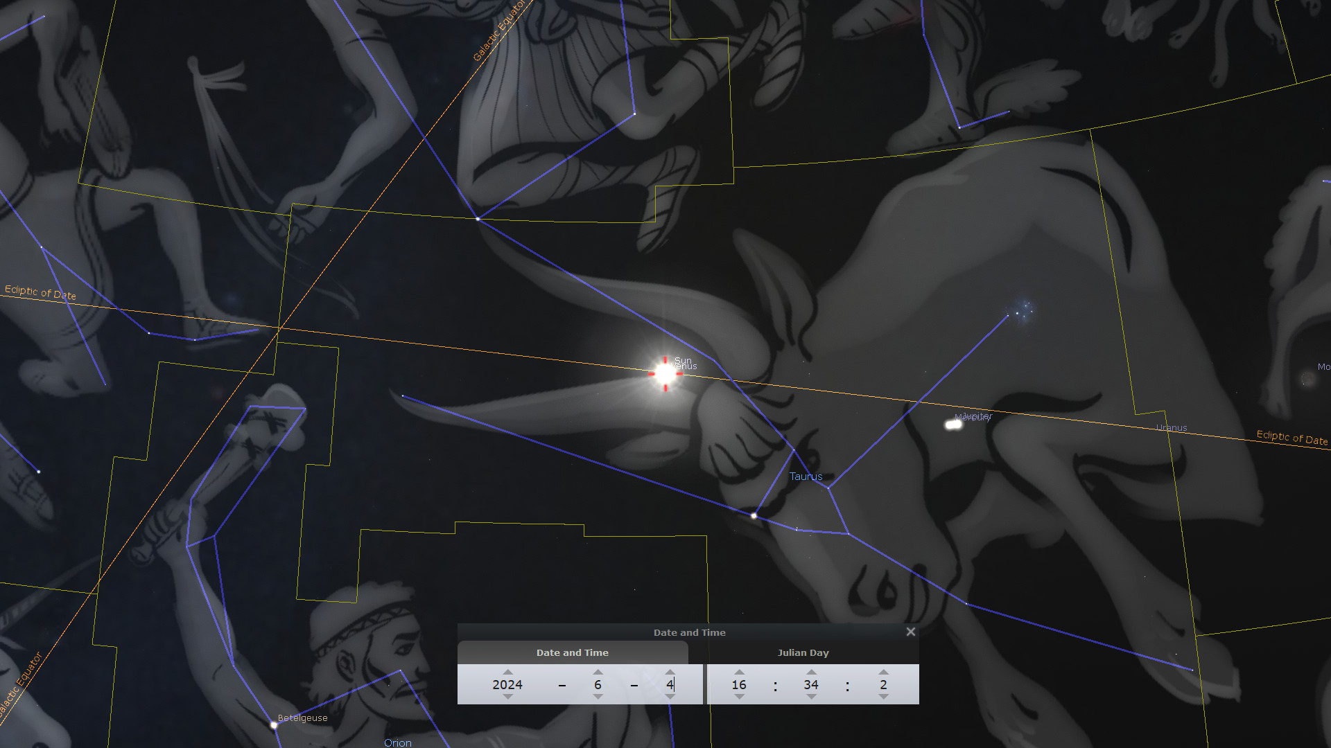 Digital astronomical map featuring representations of figures associated with the Mazzaroth, overlaid with celestial coordinates and lines. The image highlights a bright star, labeled Sirius, amidst constellations outlined and labeled such as Orion and Taurus, with scientific grid lines mapped out against a dark space background. A control panel at the bottom provides date and time settings suggesting a future celestial observation.
