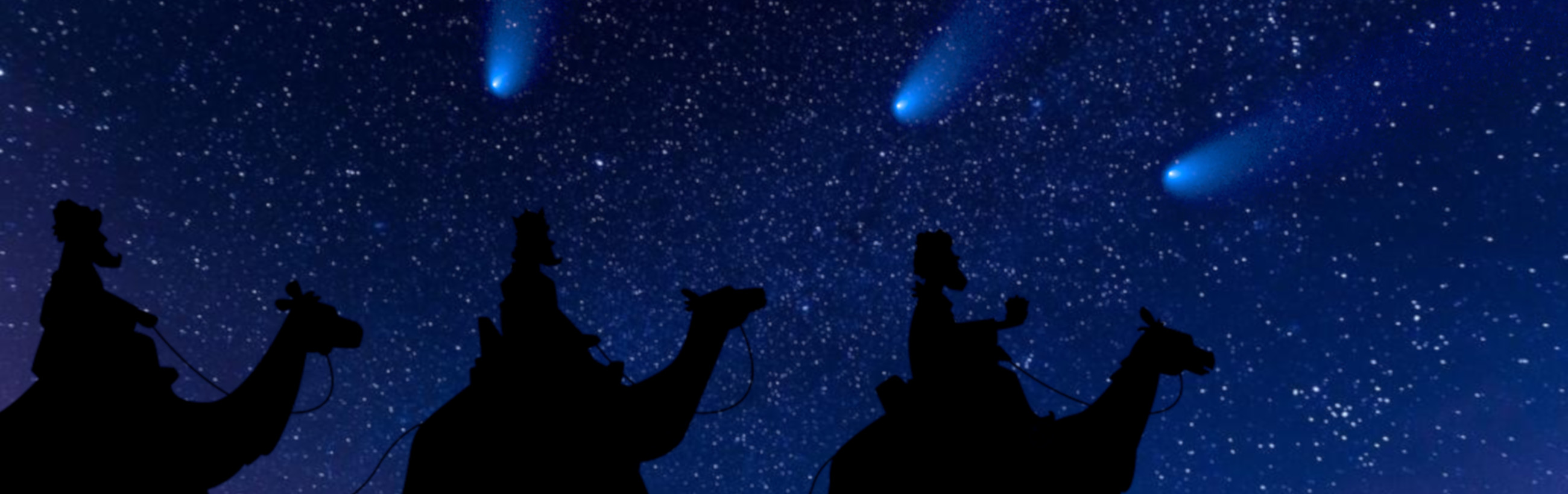 Silhouettes of three travelers riding camels against a star-filled night sky, with three bright celestial bodies prominently visible.