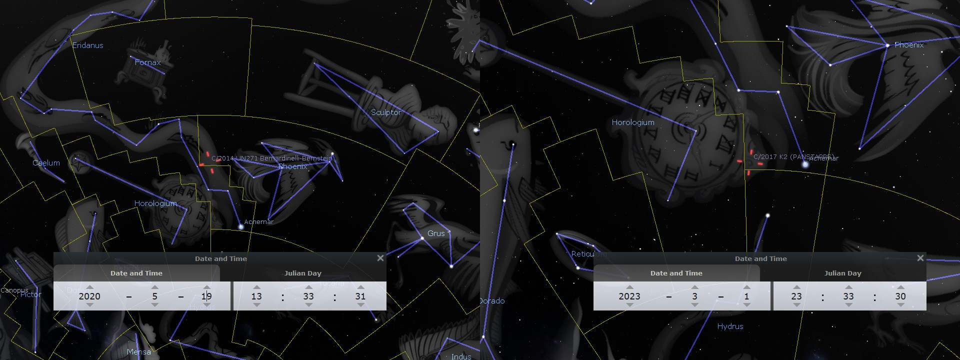A panoramic digital illustration of the night sky depicting various constellations outlined and labeled, such as Eridanus, Fornax, and Sculptor. Additionally, celestial coordinates and time settings indicating specific years and Julian days are visible on the screen interface.