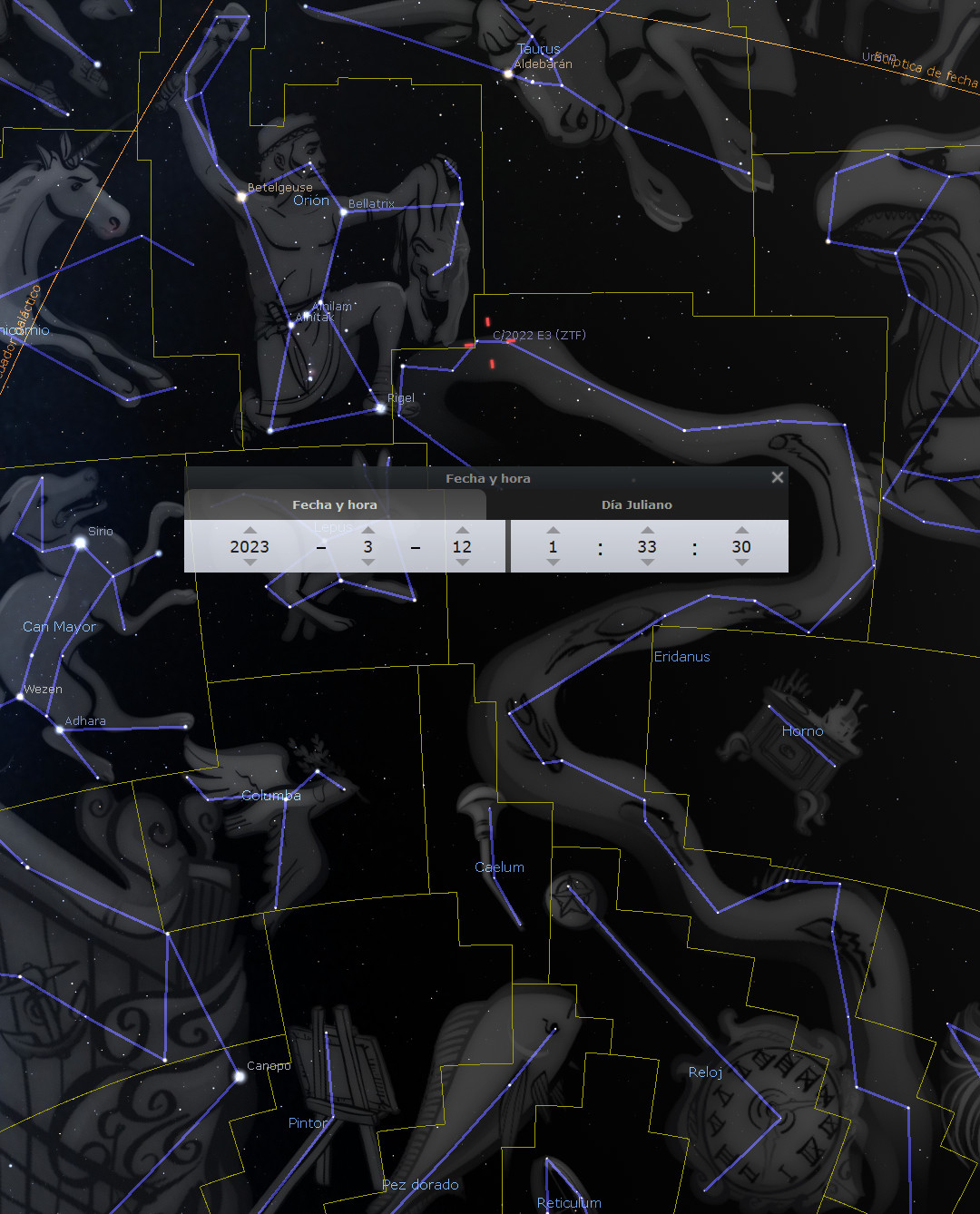 Imagen de software de astronomía mostrando una vista detallada del cielo nocturno con constelaciones y estrellas claramente etiquetadas. Se visualizan configuraciones de fecha y hora en una ventana emergente, indicando la observación según el calendario gregoriano y juliano. Entre los cuerpos celestes destacados están Orión y Sirio.