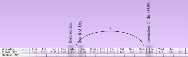 A timeline displaying days from May 23 to June 7 with significant biblical events marked at specific dates. Key events include 'Resurrection', 'First Red Day', and 'Coronation of the 144,000'. Days of the week, Gregorian calendar dates, and Hebrew calendar dates are outlined for reference.