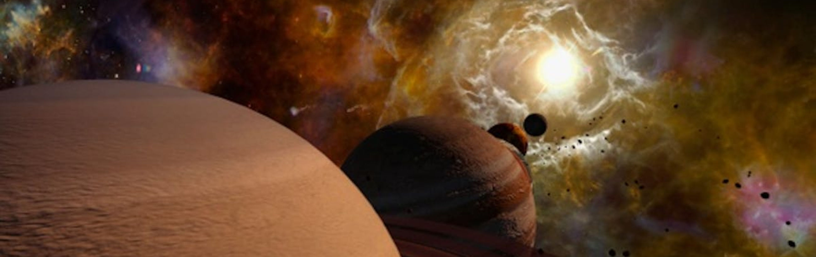 A captivating illustration of celestial bodies, showing several planets in close proximity against a vibrant cosmic background with a star illuminating brilliantly. The scene highlights the mysterious grandeur and complexity of the heavens, suggesting the extensive creation beyond our earthly realm.