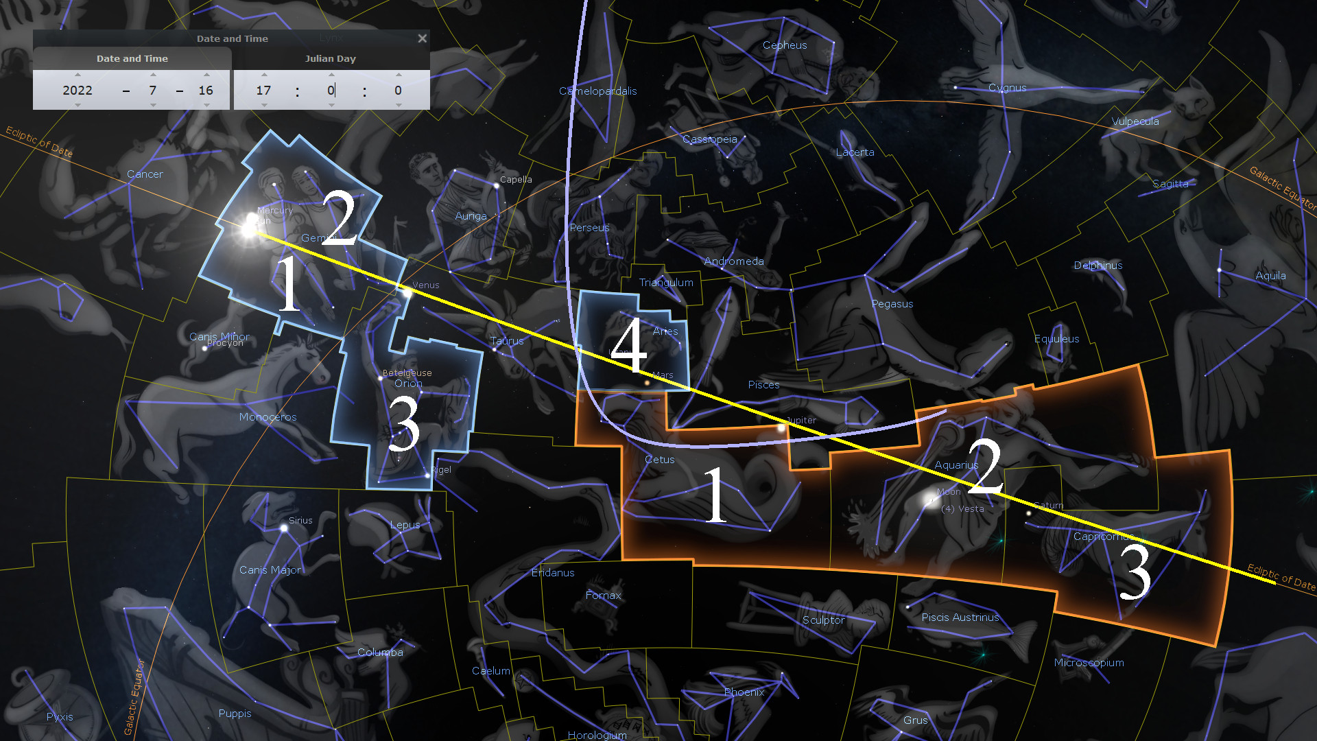 A detailed star map showing various constellations overlaid with digital lines and numbers indicating their positions and connections. Constellations are visualized with artistic representations, and the map includes labels for celestial bodies such as planets. The map also displays boundaries and grids that segment the celestial sphere, highlighted by a yellow line marking the ecliptic path.