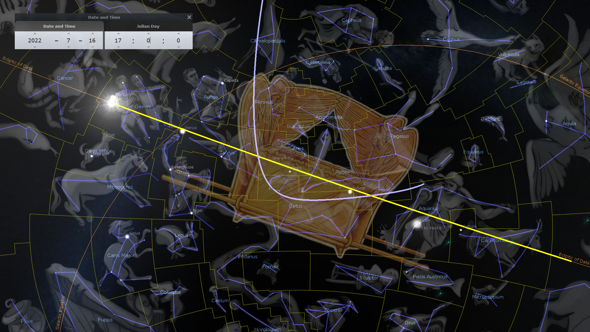 A detailed astronomical software simulation displaying various constellations and celestial bodies overlaid on a starry sky background. The image includes labeled constellations, some highlighted celestial bodies such as Venus, and a notable focus with detailed lines and figures, all interconnected through grid lines mapping their positions in space. Key celestial events and positions are marked with lines of varying colors, tracing movements and alignments across the celestial sphere.