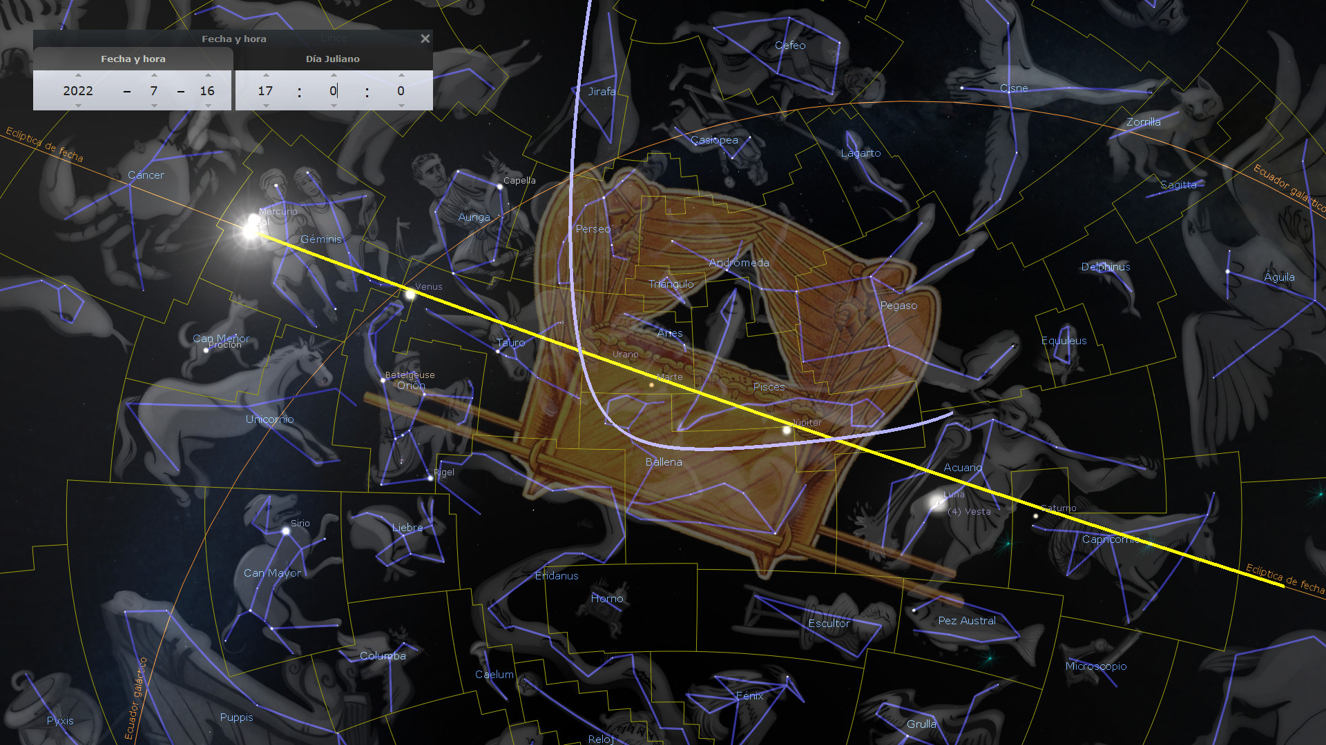 Imagen del software de visualización celeste que muestra múltiples constelaciones con líneas y nombres superpuestos. Una destacada representación ilustrada ocupa el centro bajo una línea prominente dorada que simboliza la trayectoria del sol, iluminando figuras astronómicas y campos estelares. Se observa una interfaz de usuario con ajustes de fecha y hora en la esquina superior izquierda.