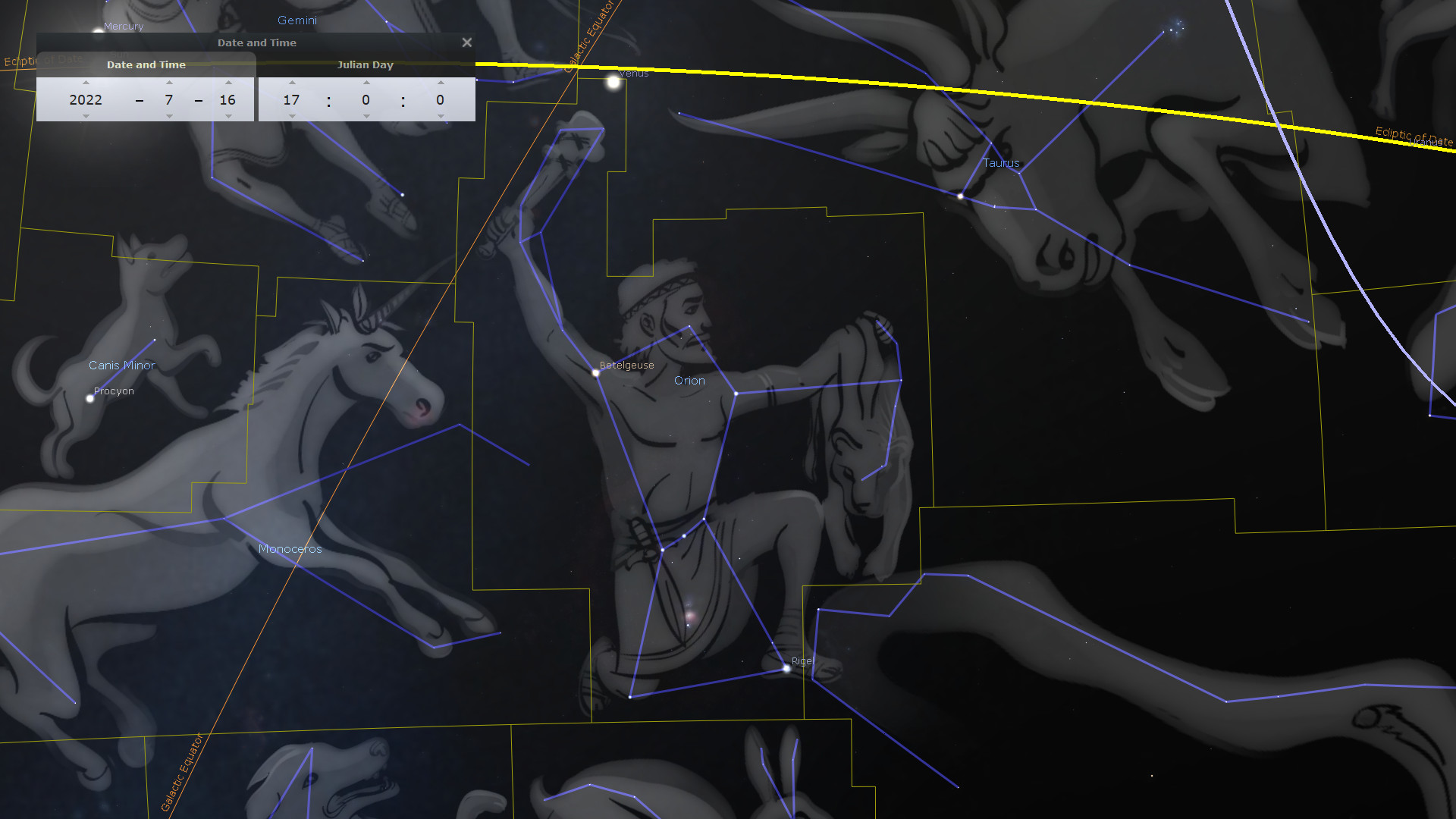 A star map featuring various celestial illustrations against a dark background. The hunter constellation, outfitted with bow and arrow, is prominently displayed. Surrounding this are other depictions including a unicorn and a small dog, labeled as Monoceros and Canis Minor respectively. Bright stars like Betelgeuse and Procyon are specifically noted. The Mazzaroth is traced by a glowing yellow line indicating the ecliptic plane.