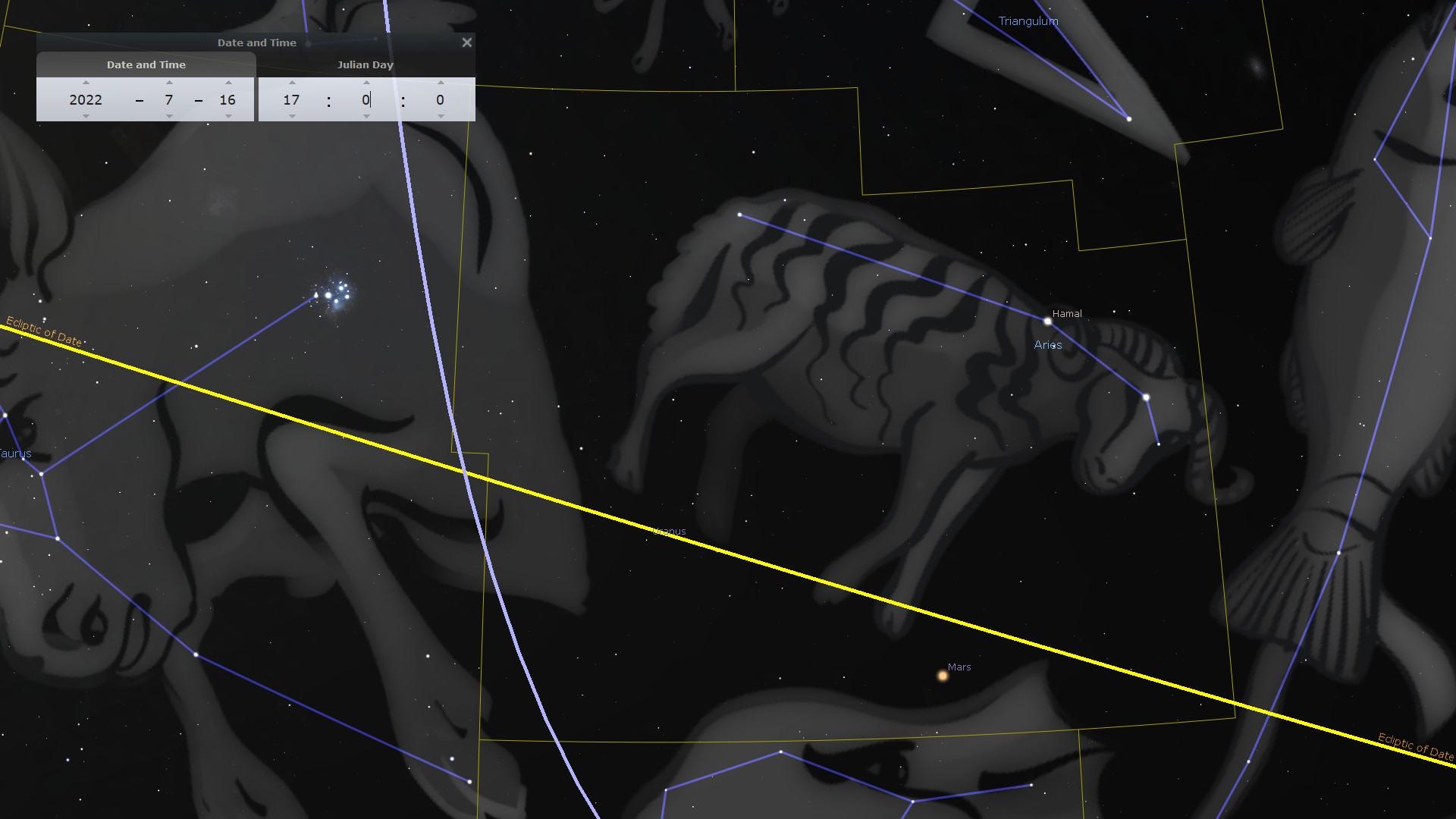 A digital astronomical display showing a constellation in the shape of a ram with highlighted stars forming the outline. Major celestial bodies, including the planet Mars, are labeled. Bright lines representing the ecliptic cross the image, aiding in celestial navigation and study of the heavens. An overlaid interface shows date and astronomical settings.