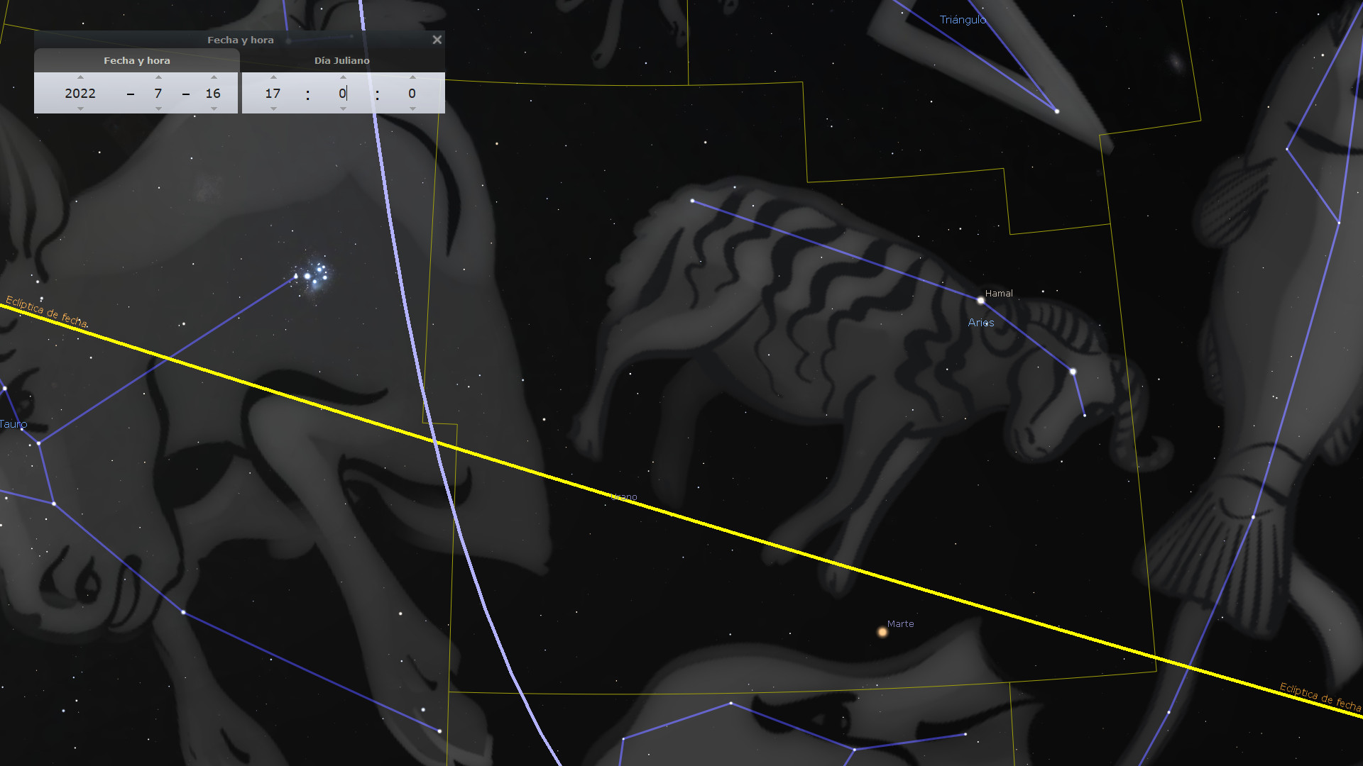 Ilustración digital de un agrupamiento de estrellas formando la imagen de un carnero en el contexto de Mazzaroth, rodeado de otras constelaciones y líneas marcando la eclíptica y coordenadas celestiales. Las etiquetas en la imagen indican puntos de interés astronómico y la posición de Marte.